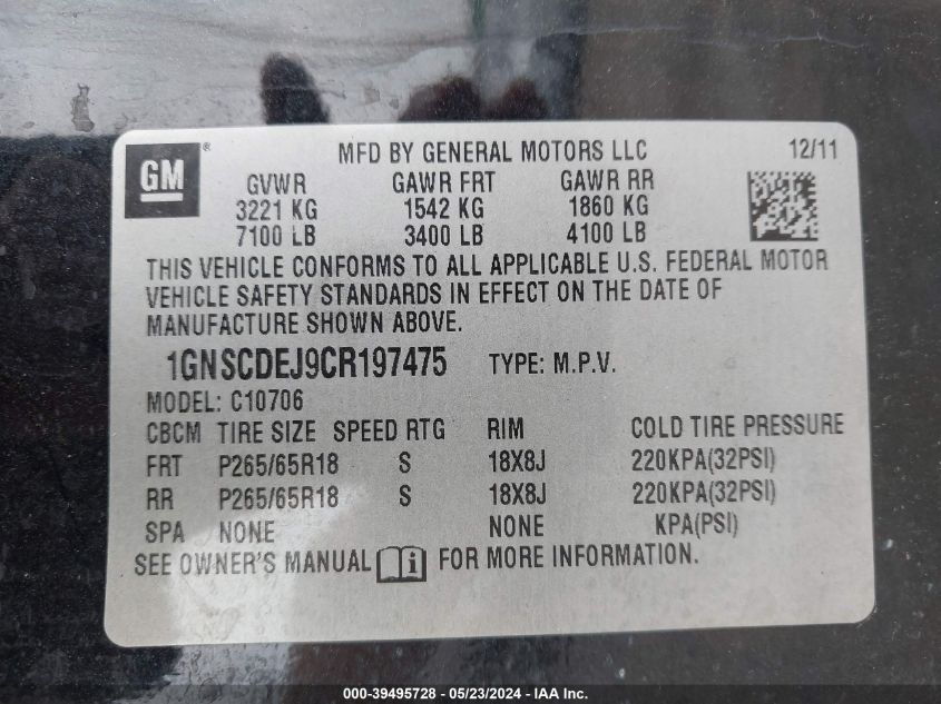 2012 Chevrolet Tahoe Hybrid VIN: 1GNSCDEJ9CR197475 Lot: 39495728