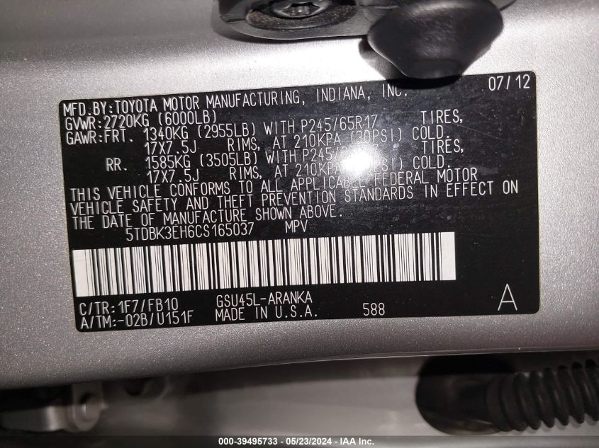 2012 Toyota Highlander Base V6 VIN: 5TDBK3EH6CS165037 Lot: 39495733