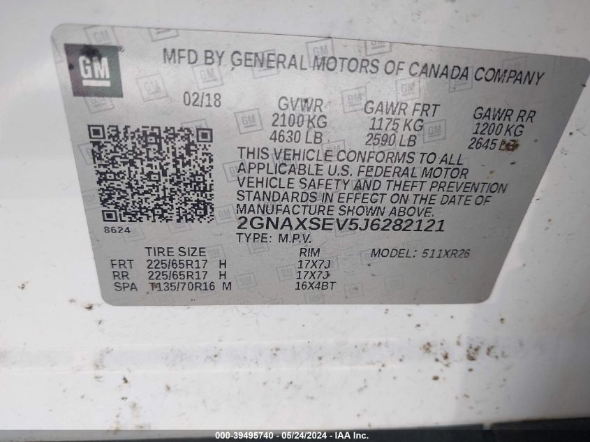 2018 Chevrolet Equinox Lt VIN: 2GNAXSEV5J6282121 Lot: 39495740