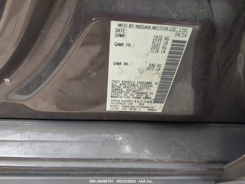 2014 Nissan Altima 2.5 Sv VIN: 1N4AL3AP8EC417788 Lot: 39495751