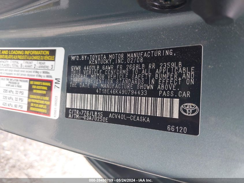 2009 Toyota Camry Se VIN: 4T1BE46K49U794433 Lot: 39495759