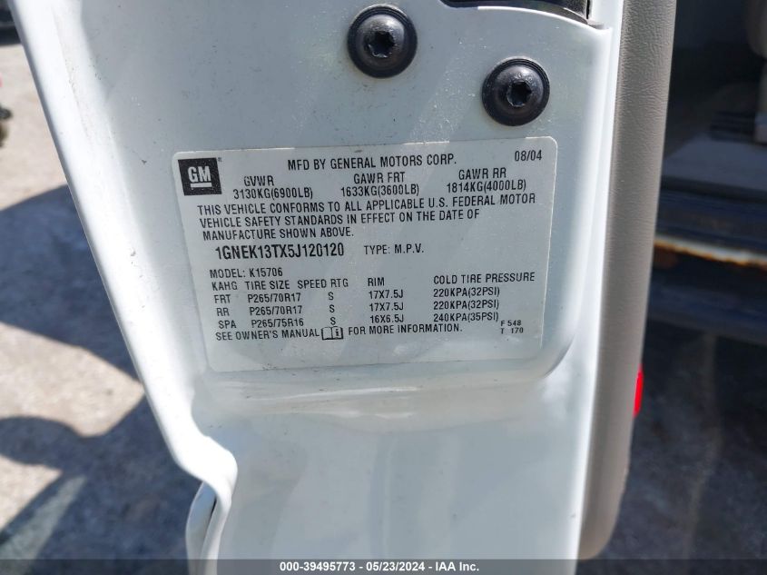 2005 Chevrolet Tahoe Lt VIN: 1GNEK13TX5J120120 Lot: 39495773