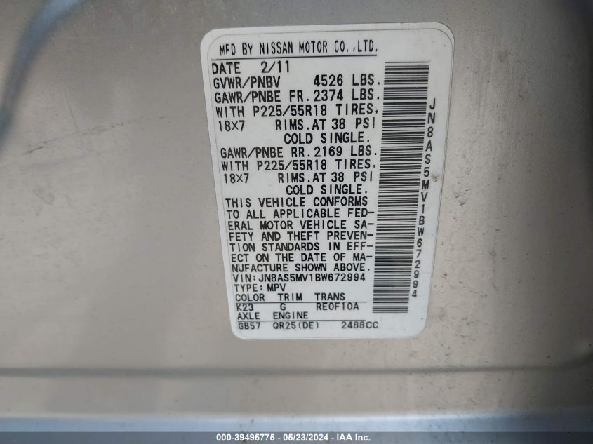 2011 Nissan Rogue Sv VIN: JN8AS5MV1BW672994 Lot: 39495775