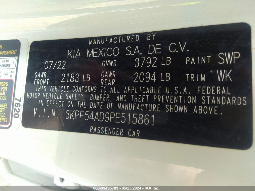 2023 Kia Forte Gt-Line VIN: 3KPF54AD9PE515861 Lot: 39495789