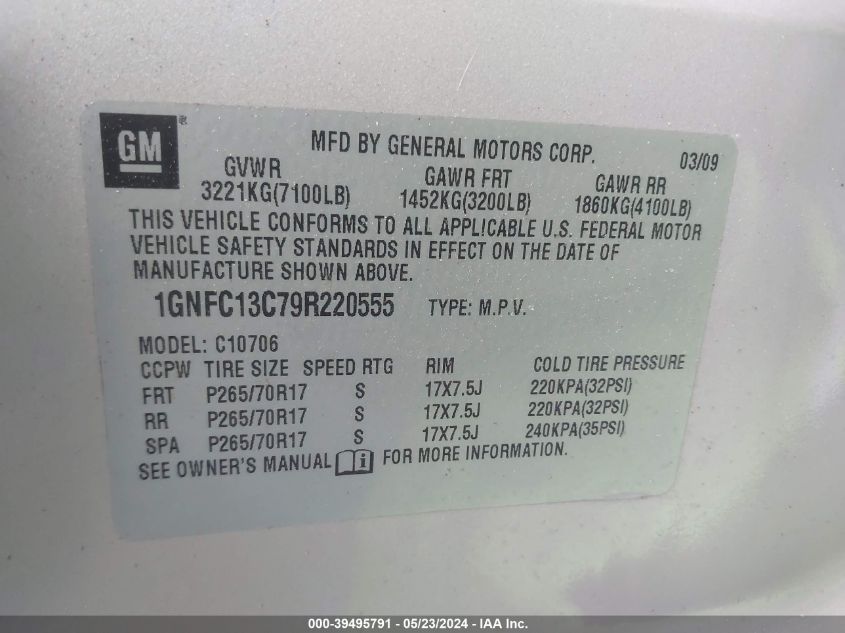 2009 Chevrolet Tahoe Ls VIN: 1GNFC13C79R220555 Lot: 39495791