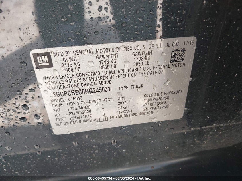 2017 Chevrolet Silverado 1500 1Lt VIN: 3GCPCREC0HG245031 Lot: 39495794