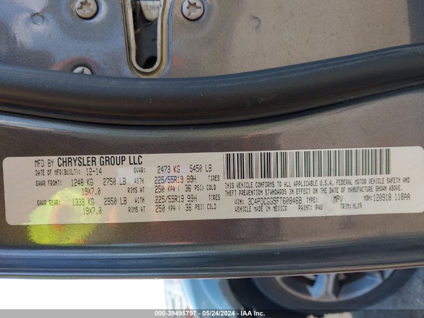 2015 Dodge Journey Crossroad VIN: 3C4PDCGG5FT608468 Lot: 39495797