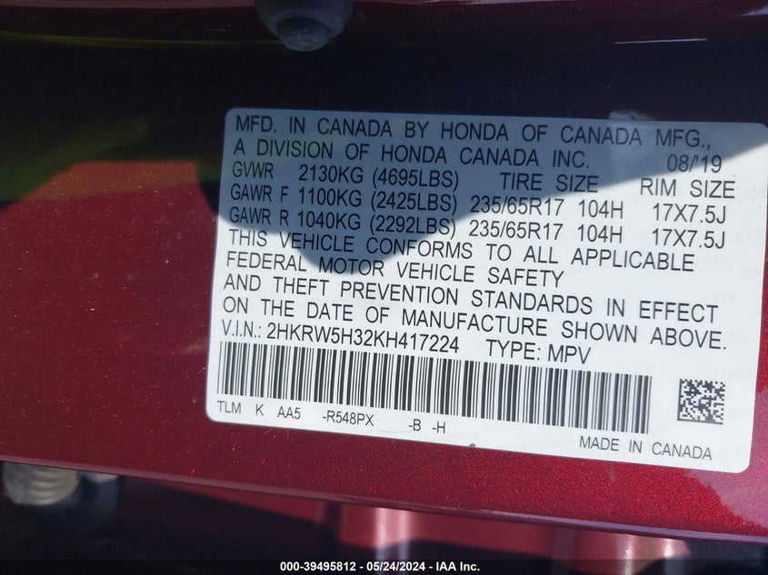 2019 HONDA CR-V LX - 2HKRW5H32KH417224