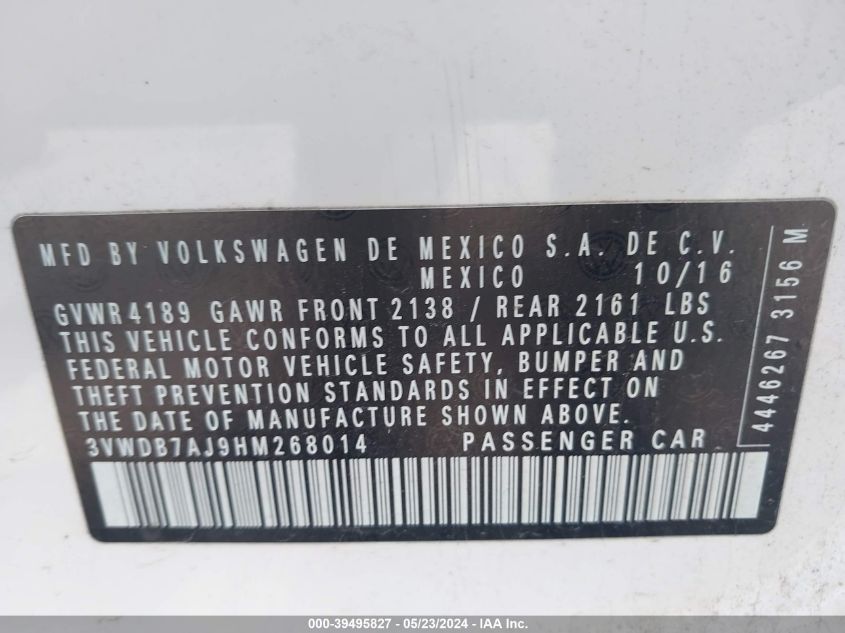 2017 Volkswagen Jetta 1.4T Se VIN: 3VWDB7AJ9HM268014 Lot: 39495827