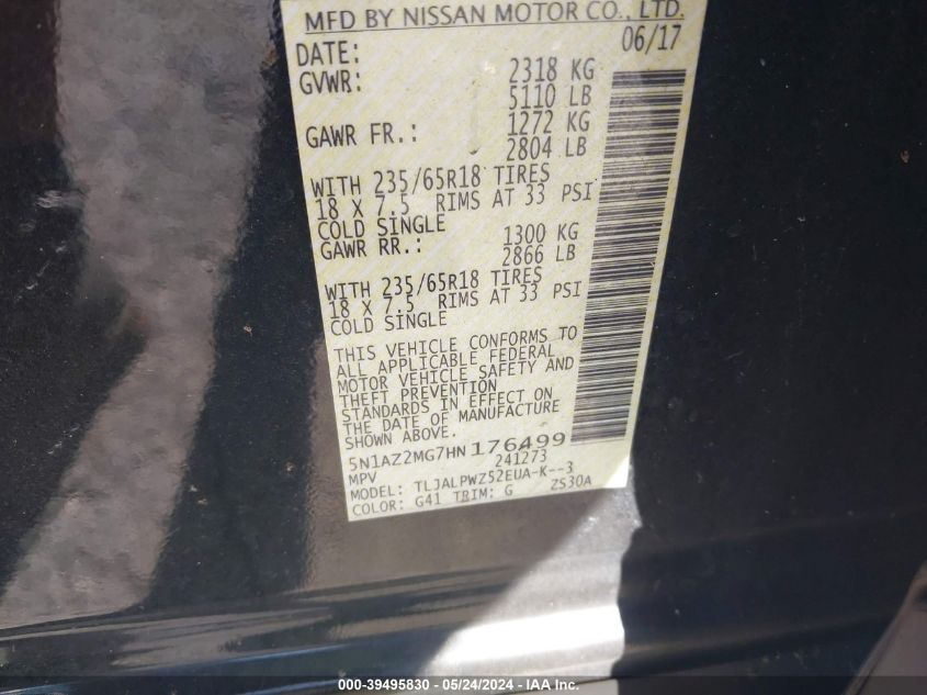 2017 Nissan Murano S VIN: 5N1AZ2MG7HN176499 Lot: 39495830