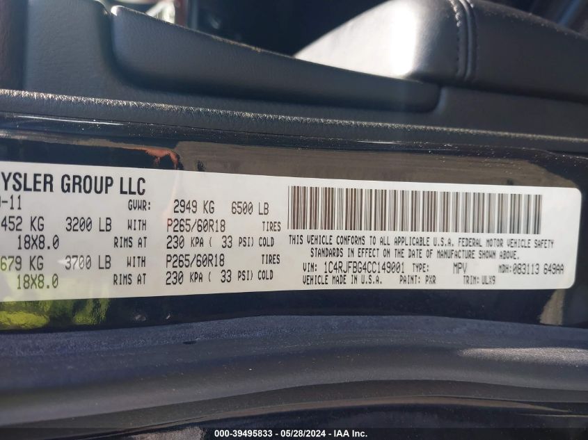 2012 Jeep Grand Cherokee Limited VIN: 1C4RJFBG4CC149001 Lot: 39495833