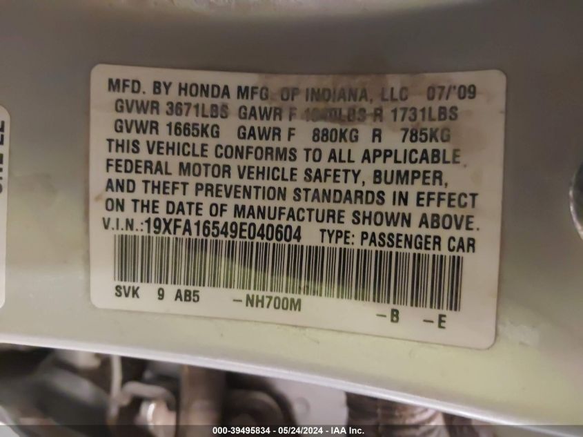 2009 Honda Civic Lx VIN: 19XFA16549E040604 Lot: 39495834