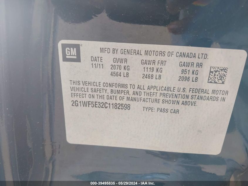 2012 Chevrolet Impala Ls VIN: 2G1WF5E32C1182598 Lot: 39495835