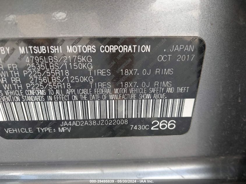 2018 Mitsubishi Outlander Es VIN: JA4AD2A38JZ022008 Lot: 39495839