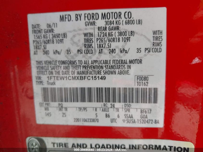 2011 Ford F-150 Xlt VIN: 1FTEW1CMXBFC15149 Lot: 39495840