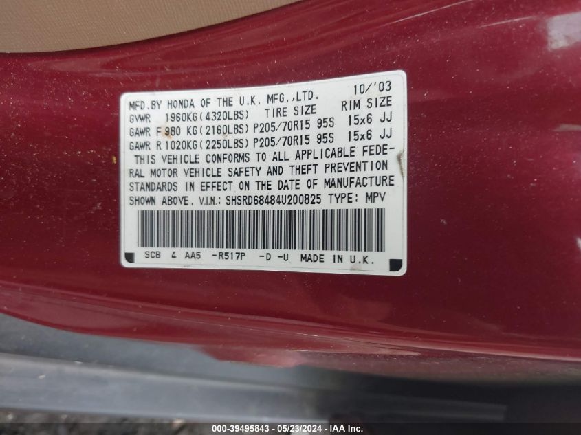 2004 Honda Cr-V Lx VIN: SHSRD68484U200825 Lot: 39495843