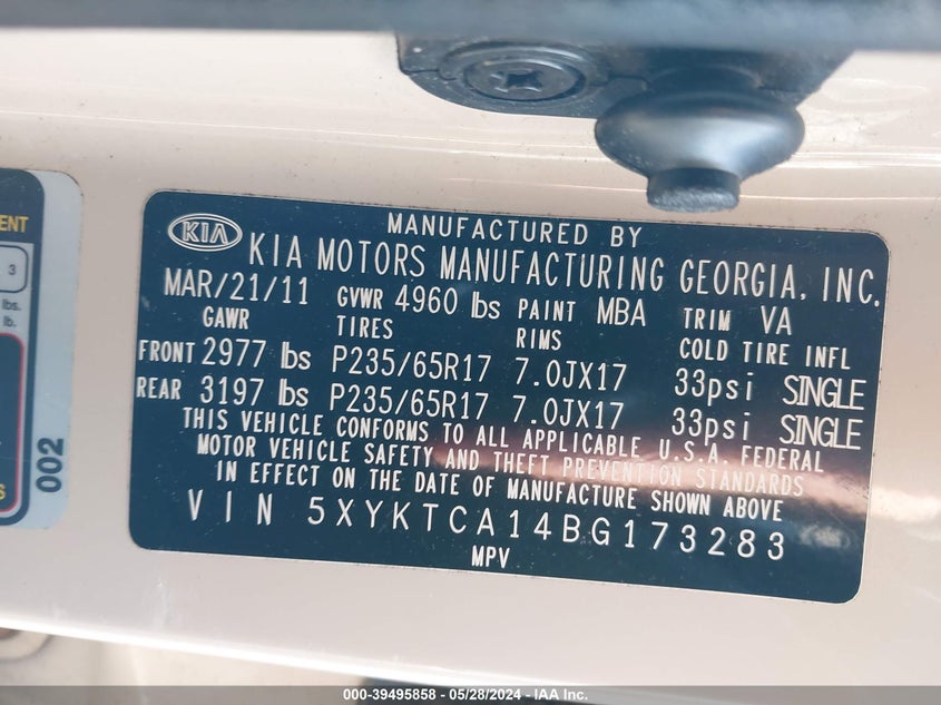 2011 Kia Sorento Lx VIN: 5XYKTCA14BG173283 Lot: 39495858