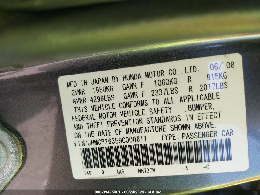 2009 Honda Accord 2.4 Lx VIN: JHMCP26359C000611 Lot: 39495861