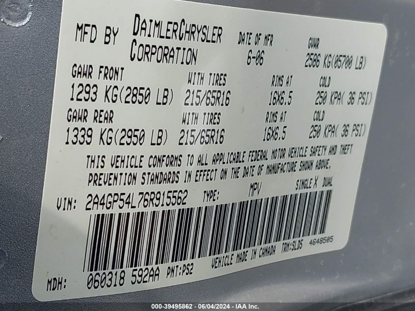 2006 Chrysler Town & Country Touring VIN: 2A4GP54L76R915562 Lot: 39495862