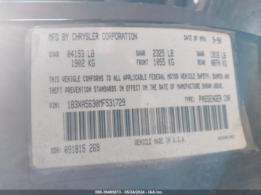 1991 Dodge Spirit Le VIN: 1B3XA5630MF531729 Lot: 39495873