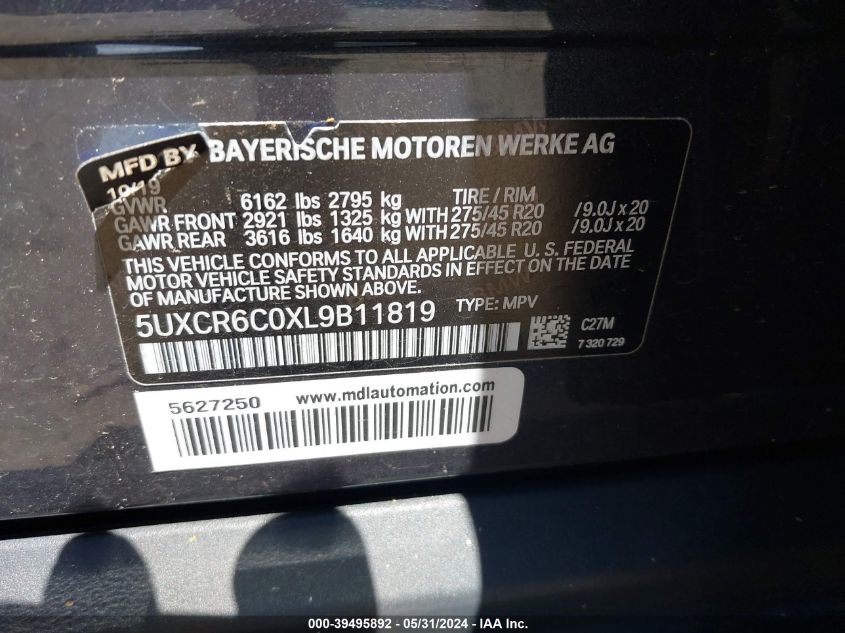 2020 BMW X5 xDrive40I VIN: 5UXCR6C0XL9B11819 Lot: 39495892