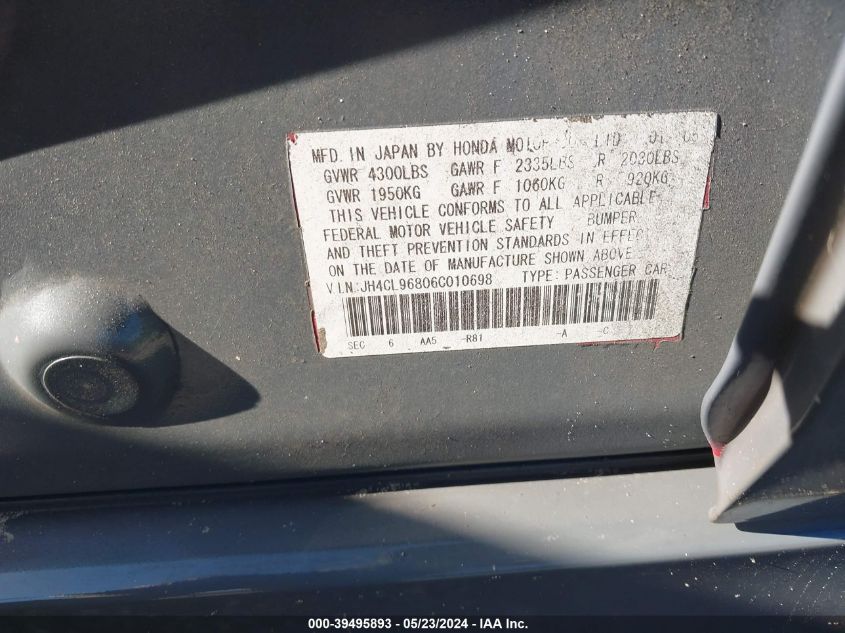 2006 Acura Tsx VIN: JH4CL96806C010698 Lot: 39495893