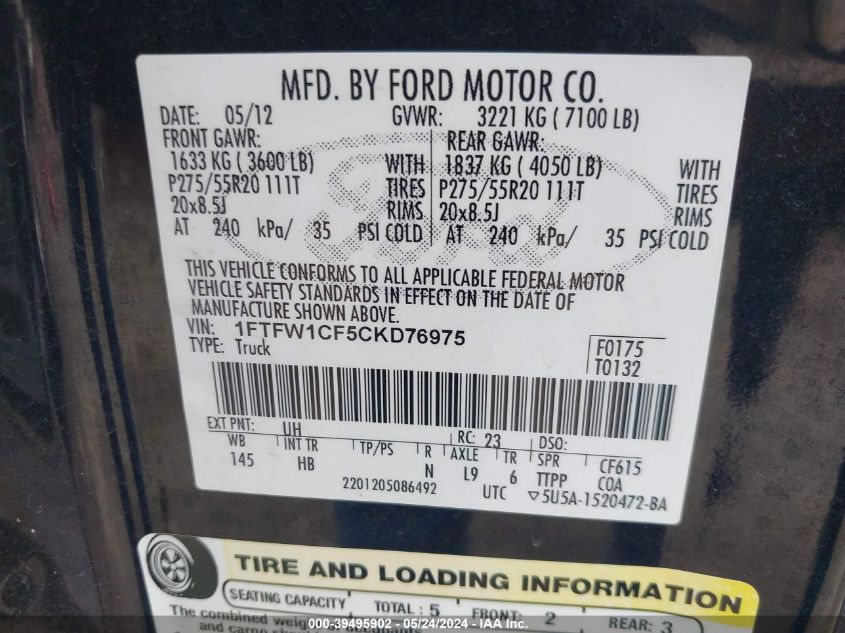 2012 Ford F-150 Lariat VIN: 1FTFW1CF5CKD76975 Lot: 39495902