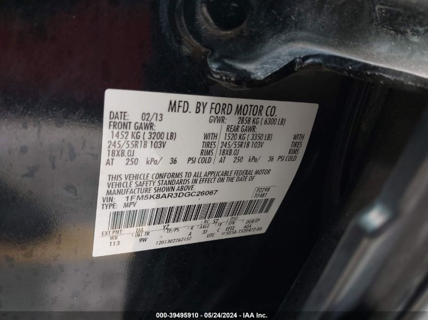 2013 Ford Utility Police Interceptor VIN: 1FM5K8AR3DGC26060 Lot: 39495910