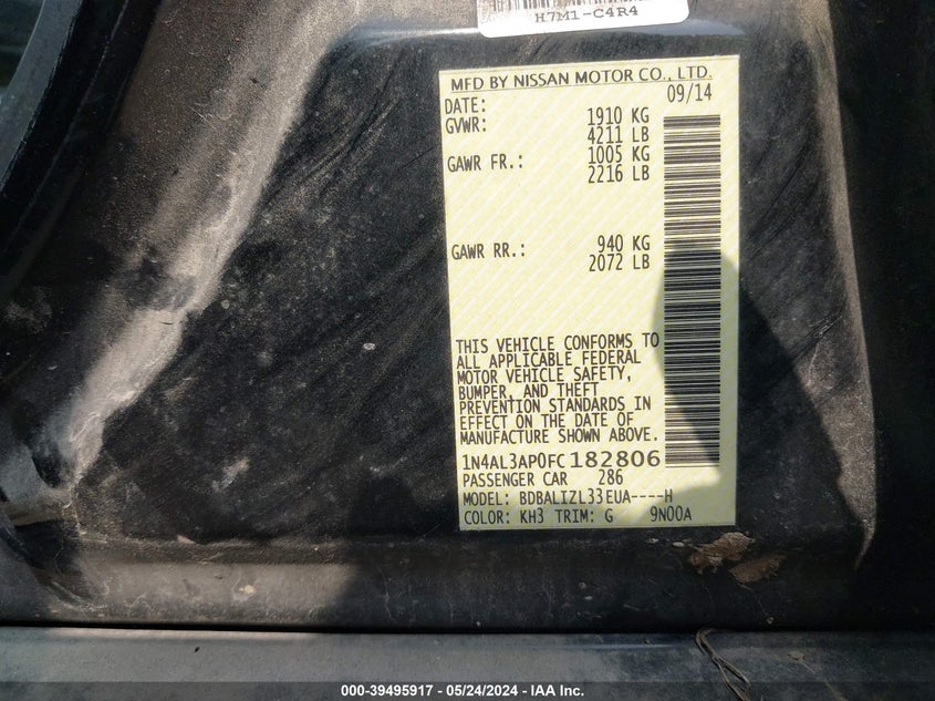 2015 Nissan Altima 2.5 Sv VIN: 1N4AL3AP0FC182806 Lot: 39495917