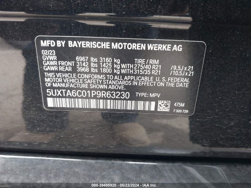 2023 BMW X5 Phev xDrive45E VIN: 5UXTA6C01P9R63230 Lot: 39495920