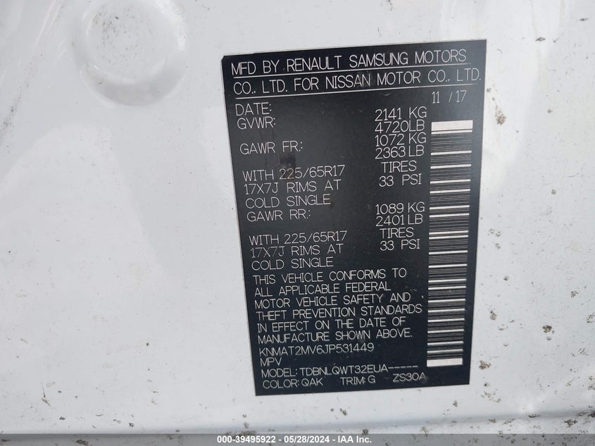 2018 Nissan Rogue Sv VIN: KNMAT2MV6JP531449 Lot: 39495922