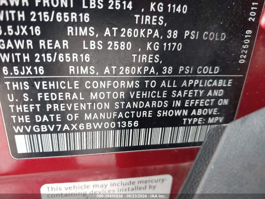 2011 Volkswagen Tiguan S VIN: WVGBV7AX6BW001356 Lot: 39495938