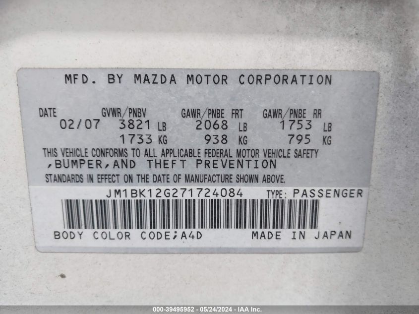 2007 Mazda Mazda3 I VIN: JM1BK12G271724084 Lot: 39495952