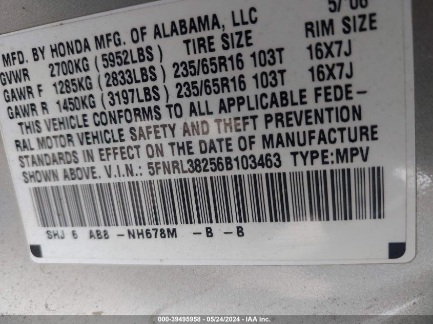 2006 Honda Odyssey Lx VIN: 5FNRL38256B103463 Lot: 39495958