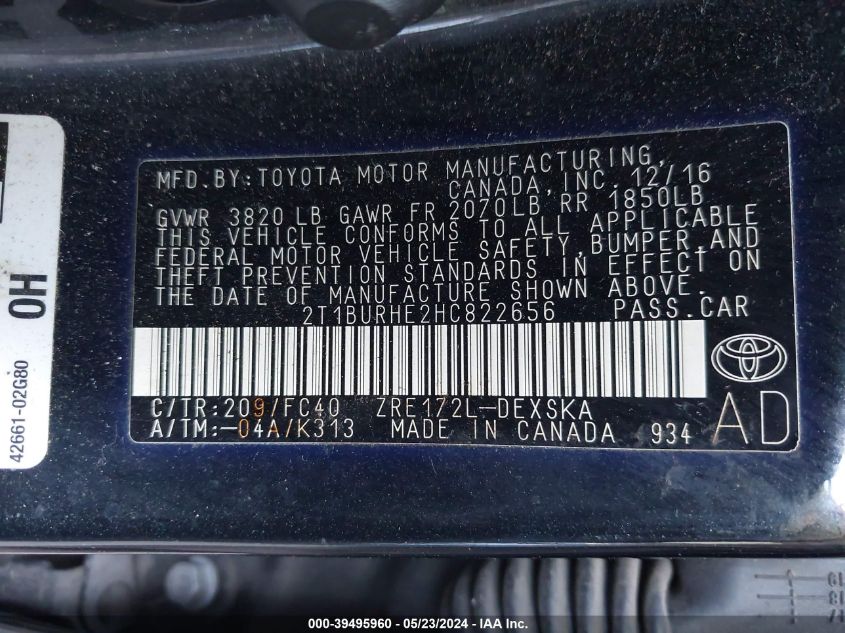 2017 Toyota Corolla Se VIN: 2T1BURHE2HC822656 Lot: 39495960