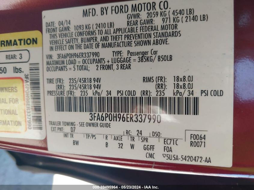 3FA6P0H96ER337990 | 2014 FORD FUSION