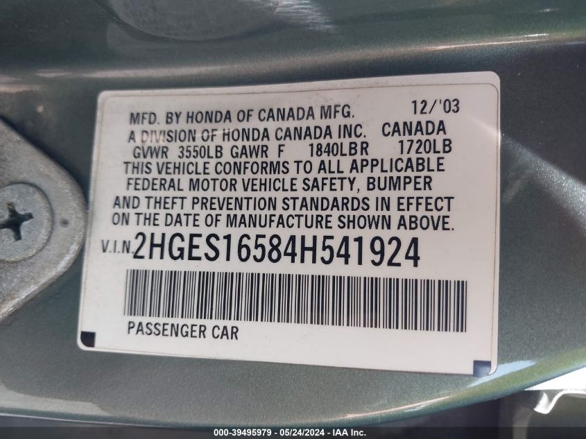 2004 Honda Civic Lx VIN: 2HGES16584H541924 Lot: 39495979
