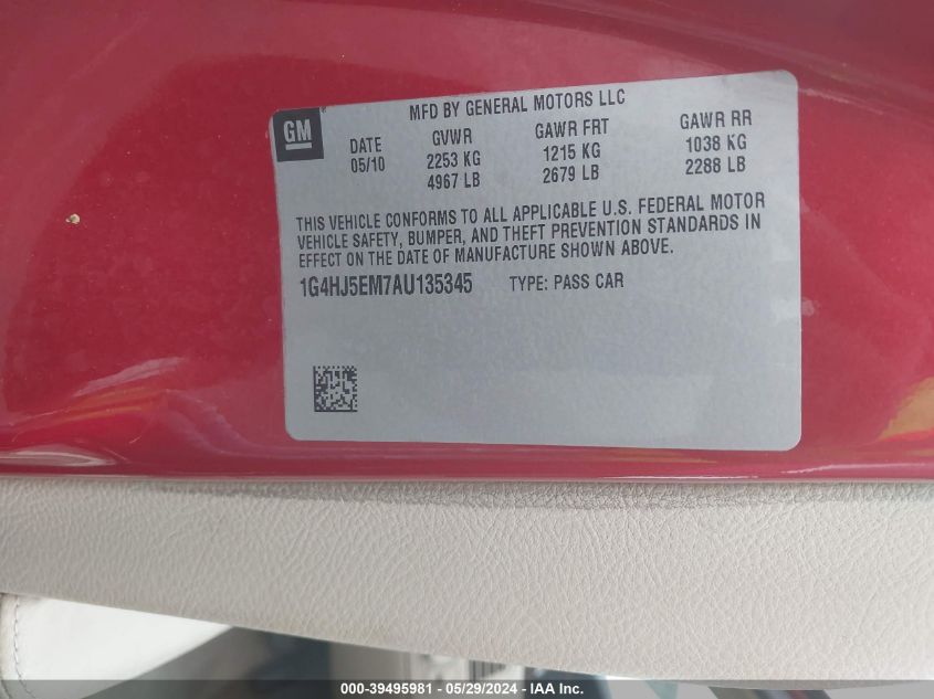 2010 Buick Lucerne Cxl Premium VIN: 1G4HJ5EM7AU135345 Lot: 39495981