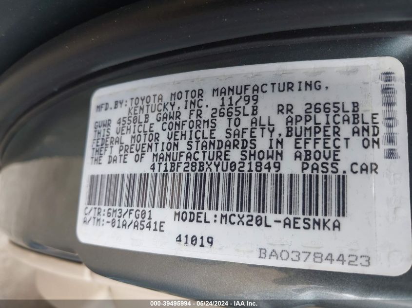 2000 Toyota Avalon Xl VIN: 4T1BF28BXYU021849 Lot: 39495994