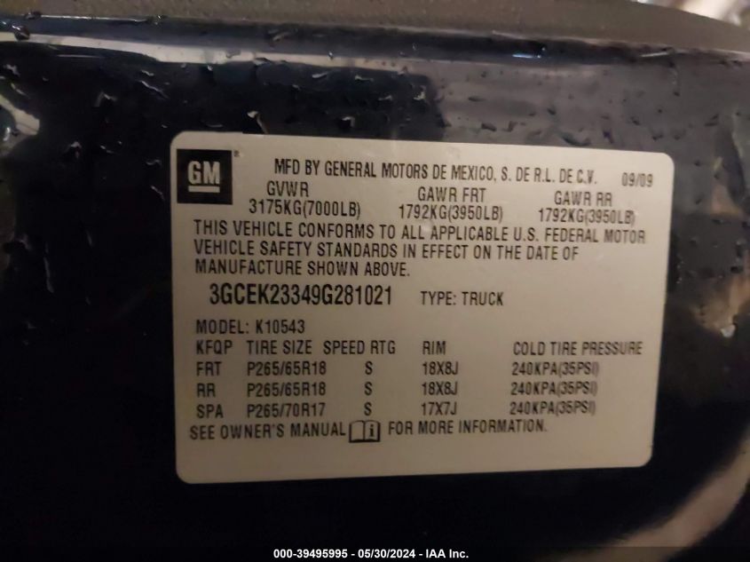 2009 Chevrolet Silverado 1500 Lt VIN: 3GCEK23349G281021 Lot: 39495995