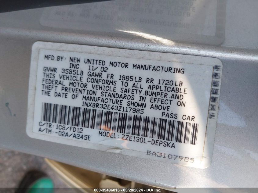 2003 Toyota Corolla S VIN: 1NXBR32E43Z117985 Lot: 39496015