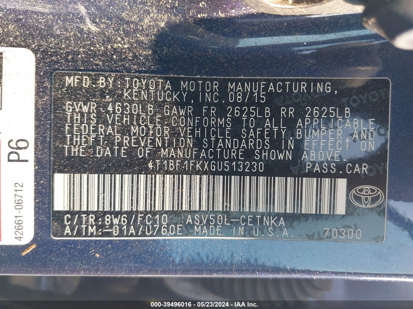 2016 Toyota Camry Le VIN: 4T1BF1FKXGU513230 Lot: 39496016