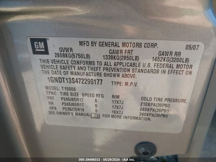 2007 Chevrolet Trailblazer Ls VIN: 1GNDT13S472290177 Lot: 39496033