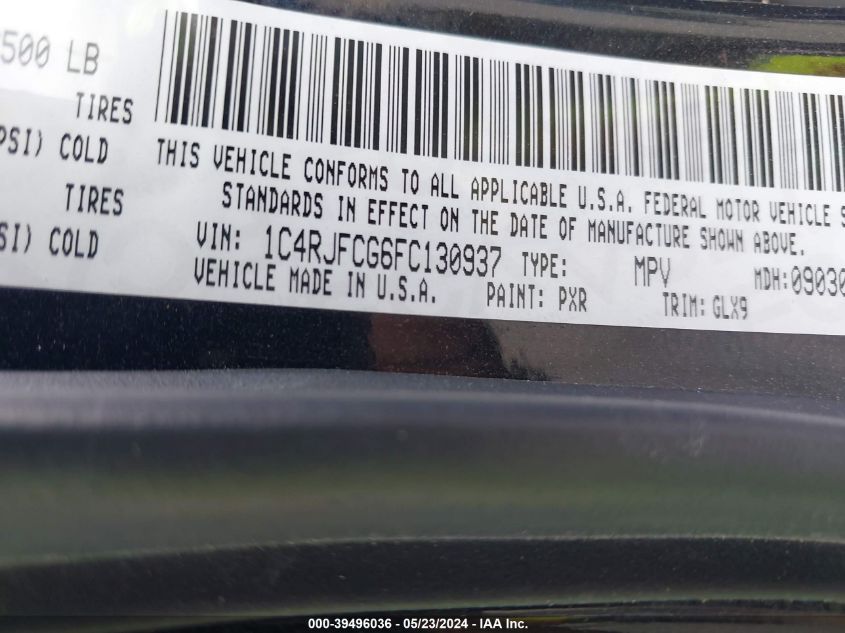 2015 Jeep Grand Cherokee Overland VIN: 1C4RJFCG6FC130937 Lot: 39496036