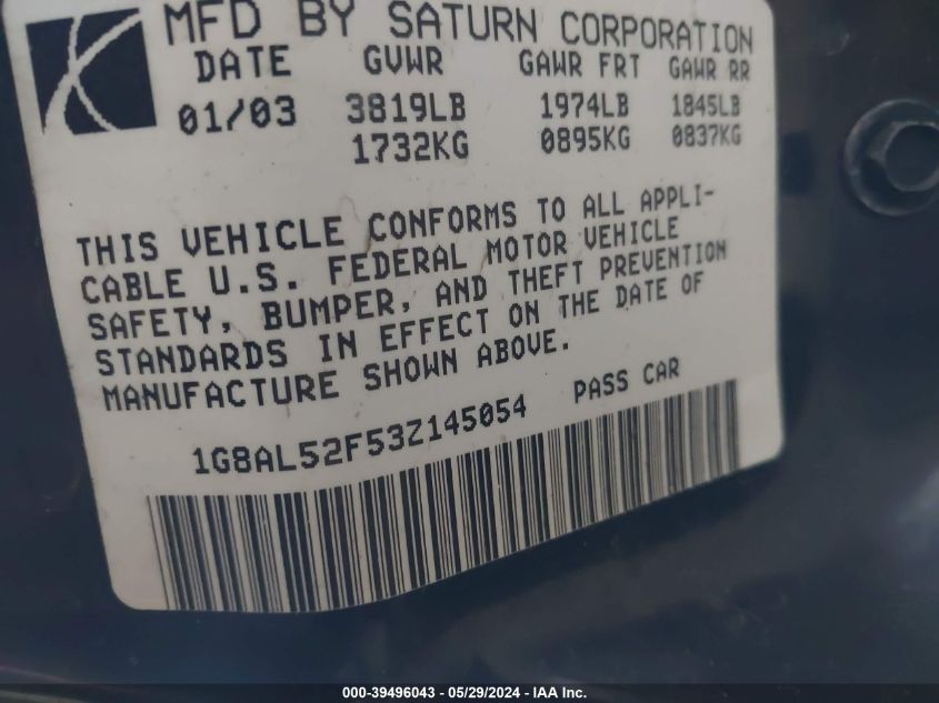2003 Saturn Ion 3 VIN: 1G8AL52F53Z145054 Lot: 39496043