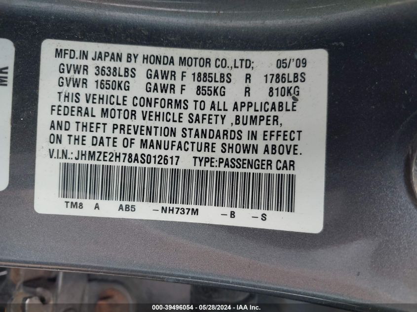 2010 Honda Insight Ex VIN: JHMZE2H78AS012617 Lot: 39496054