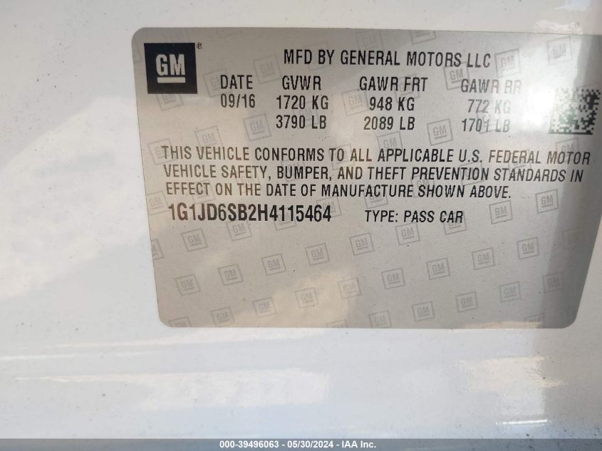 2017 Chevrolet Sonic Lt Auto VIN: 1G1JD6SB2H4115464 Lot: 39496063