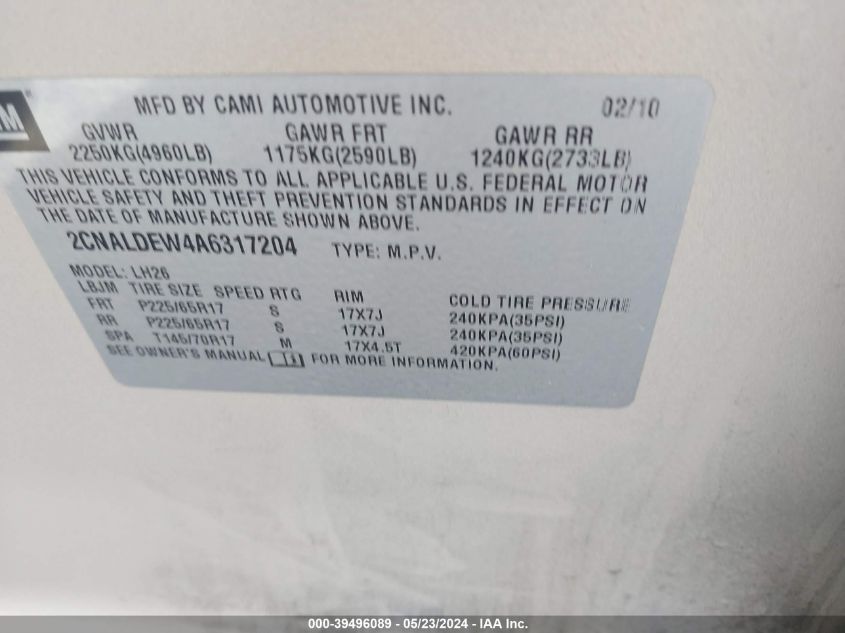 2010 Chevrolet Equinox Lt VIN: 2CNALDEW4A6317204 Lot: 39496089