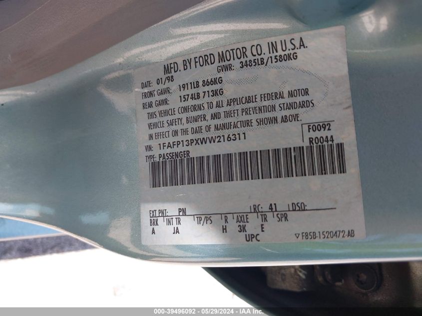 1998 Ford Escort Se VIN: 1FAFP13PXWW216311 Lot: 39496092