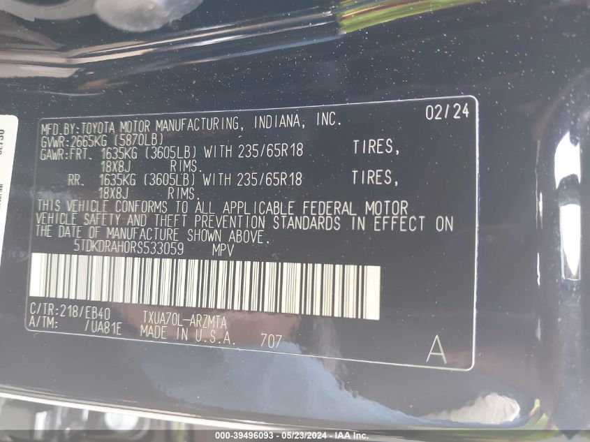 2024 Toyota Highlander Xle VIN: 5TDKDRAH0RS533059 Lot: 39496093